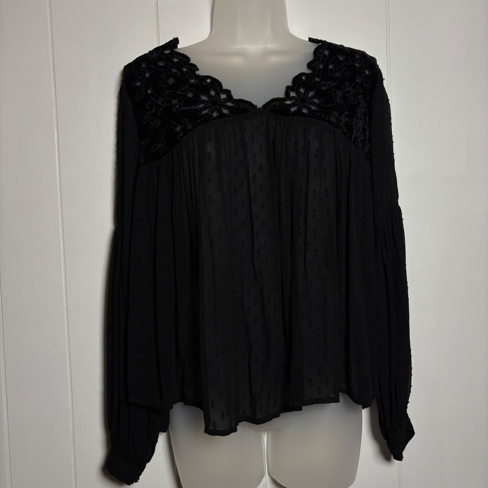 Zara Sheer Beaded Swiss Dot Velvet Embroidered Cutout Lace Blouse Sz S Goth Dark